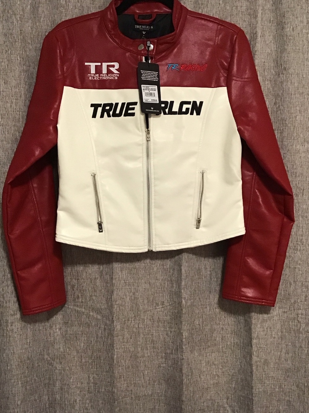 True Religion Red and White Racing-Style Faux Leather Jacket